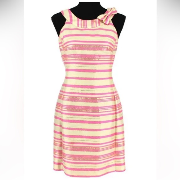 Lilly Pulitzer Elias Pink Gold Metallic Striped Mini Dress Shoulder Bow - Picture 1 of 6